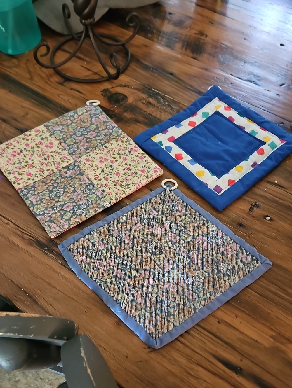 Handmade Floral & Blue Quilted Pot Holders - Set of 3